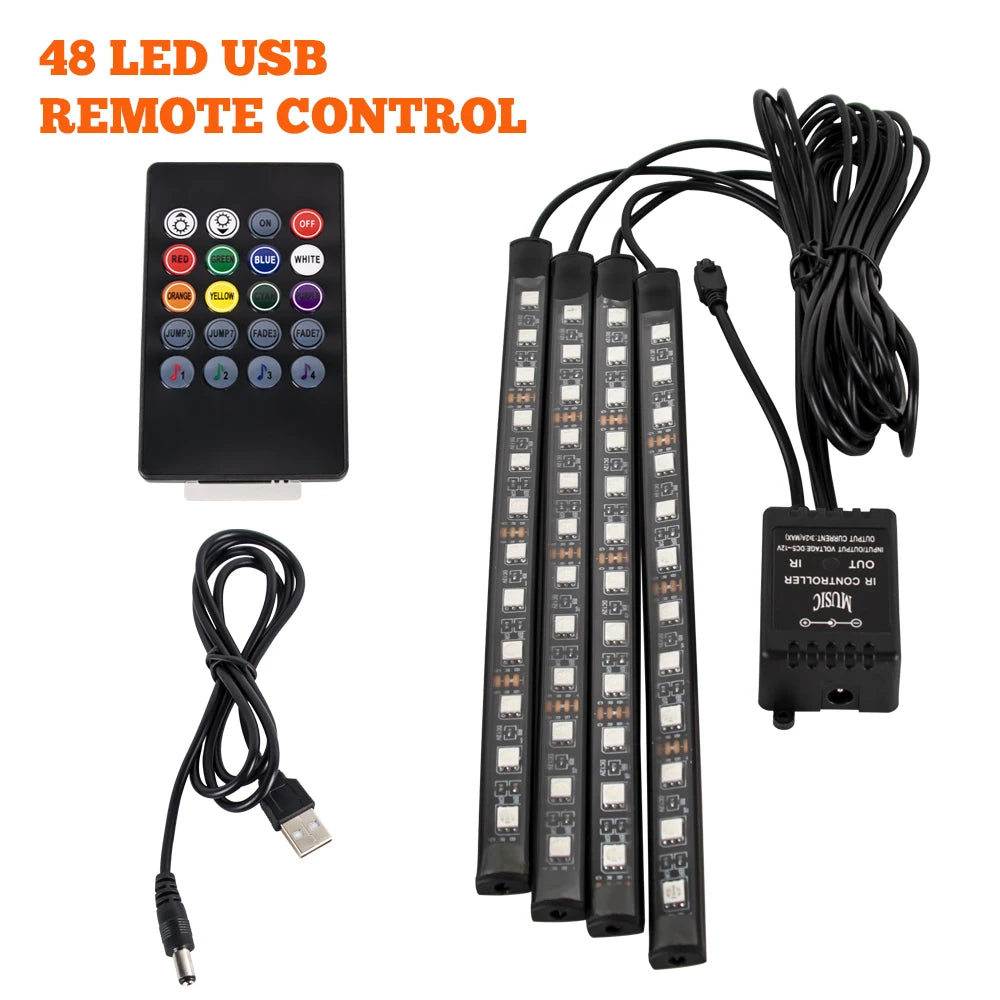 Neon 36 48 72 LED Car Interior Ambient Foot Light Wireless Remote Music APP Control Auto RGB Atmosphere Decorative Lamp