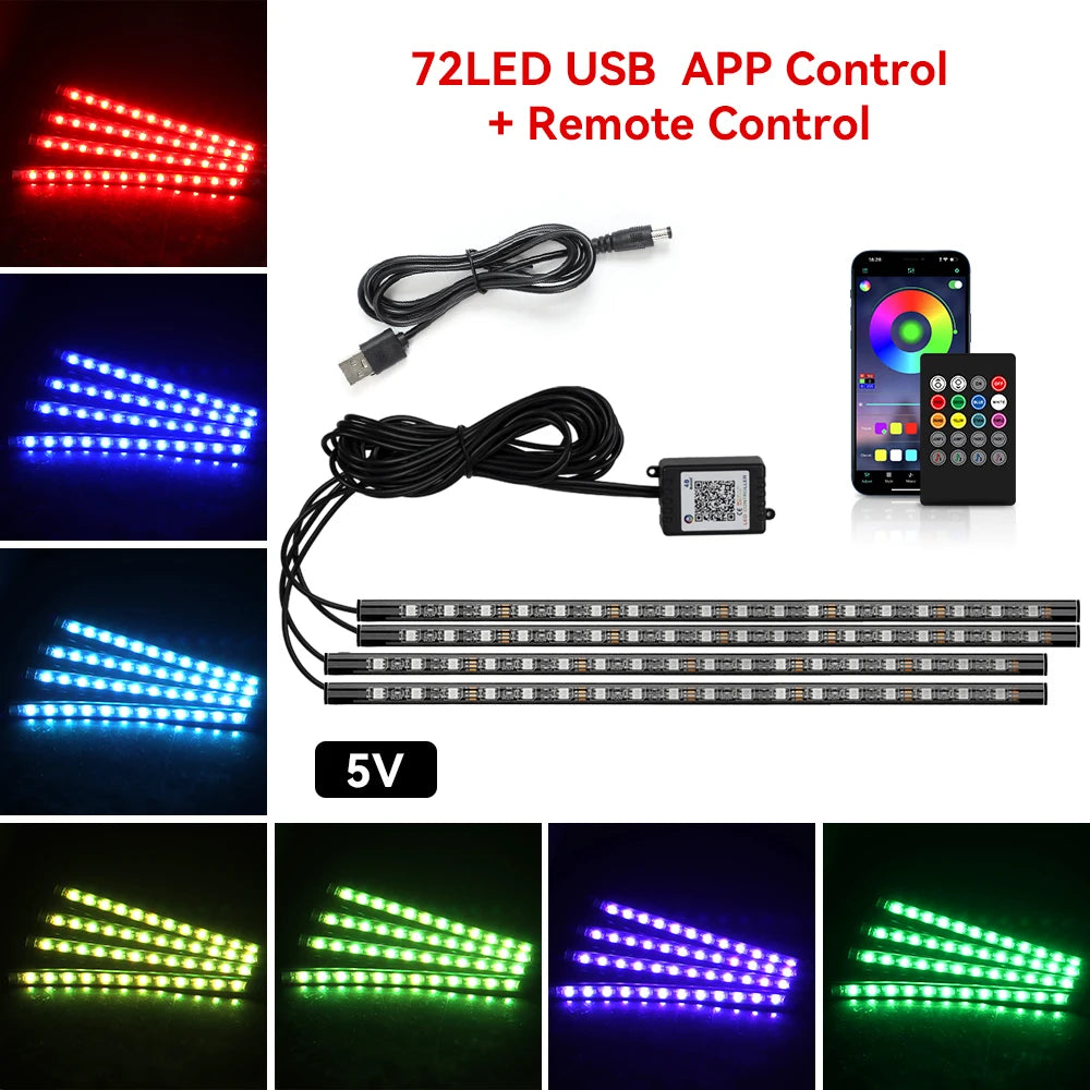 Neon 36 48 72 LED Car Interior Ambient Foot Light Wireless Remote Music APP Control Auto RGB Atmosphere Decorative Lamp