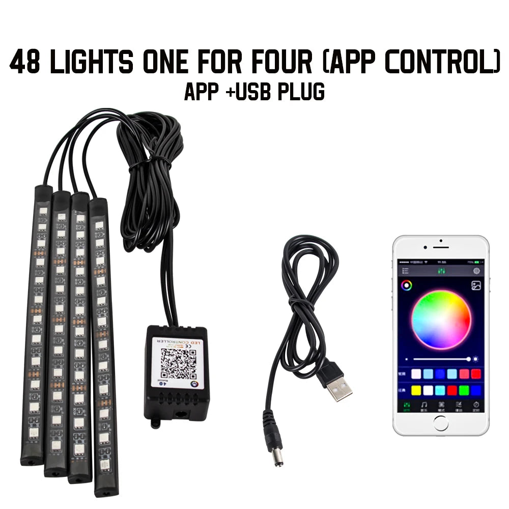 Neon 36 48 72 LED Car Interior Ambient Foot Light Wireless Remote Music APP Control Auto RGB Atmosphere Decorative Lamp