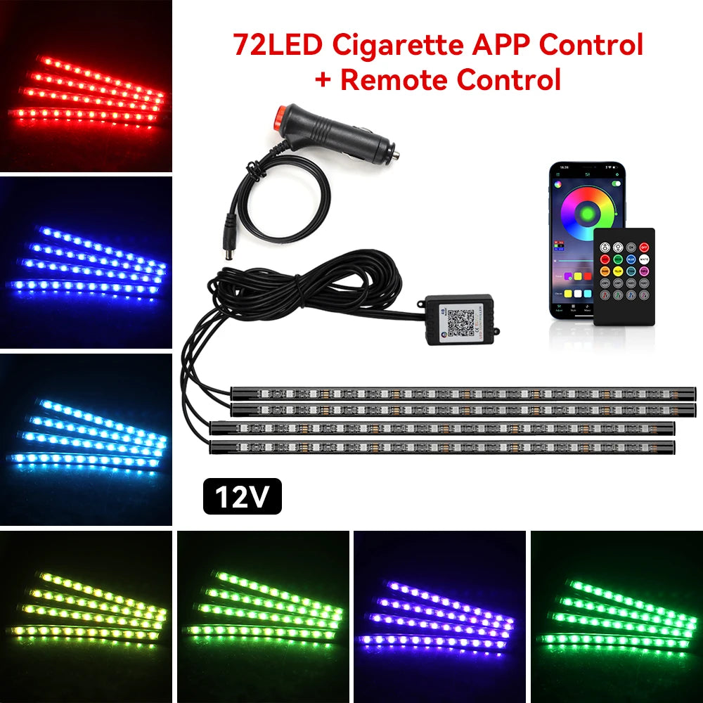 Neon 36 48 72 LED Car Interior Ambient Foot Light Wireless Remote Music APP Control Auto RGB Atmosphere Decorative Lamp